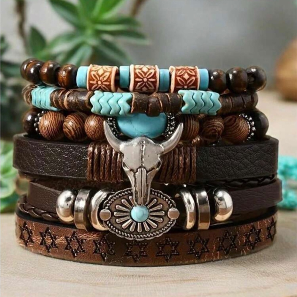 NWT Turquoise and Brown Southwestern Stackable Bracelet Set